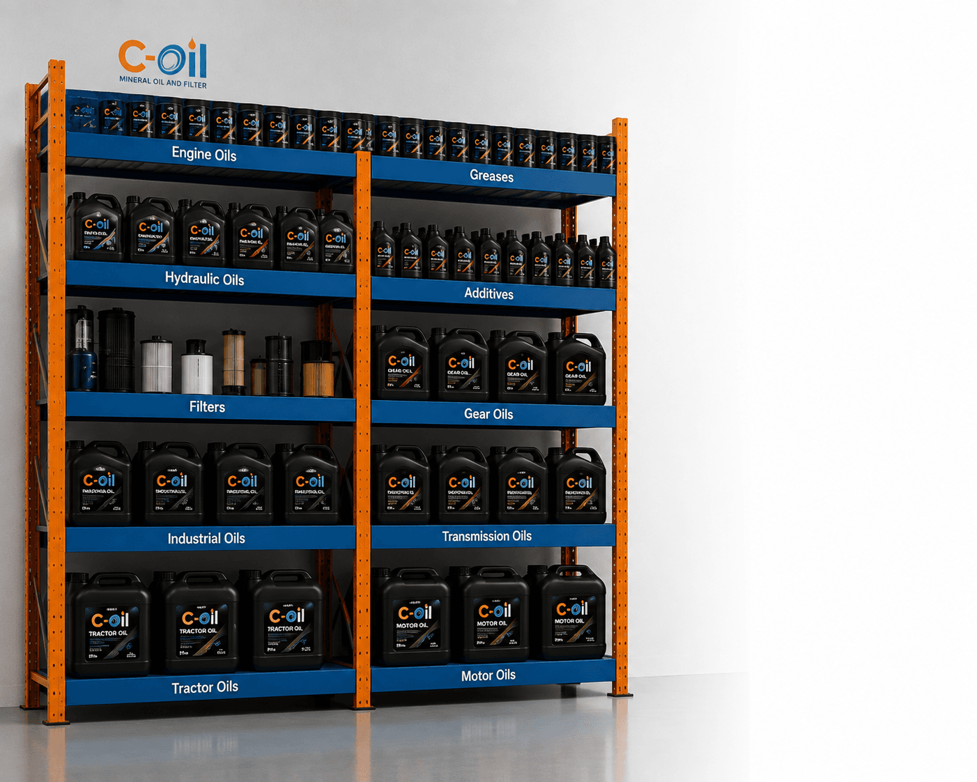 C-Oil ürün rafı: motor yağları, gresler, hidrolik yağlar ve filtreler
