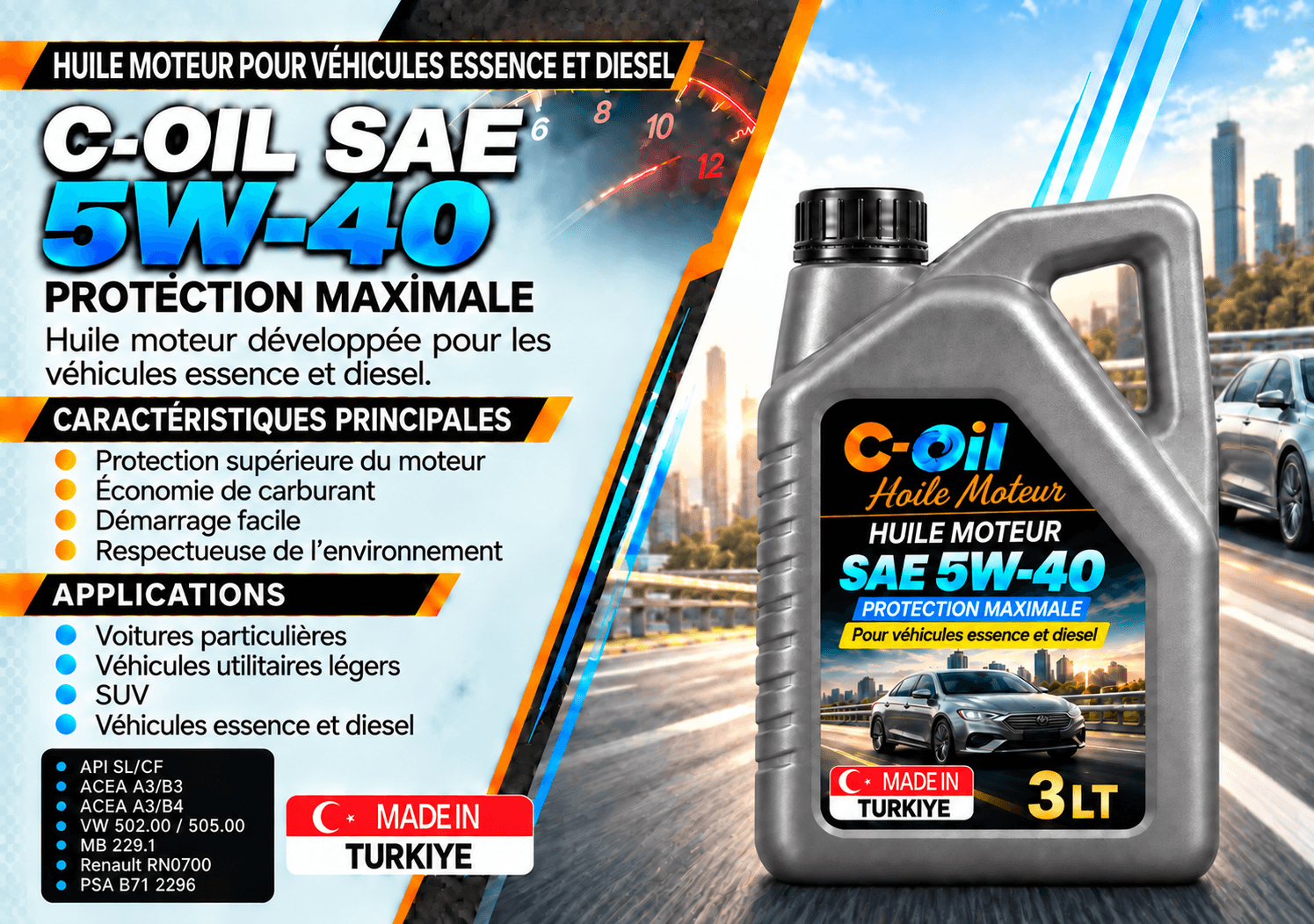 Huile moteur C-Oil 5W-40 pour moteurs essence et diesel, 4 L