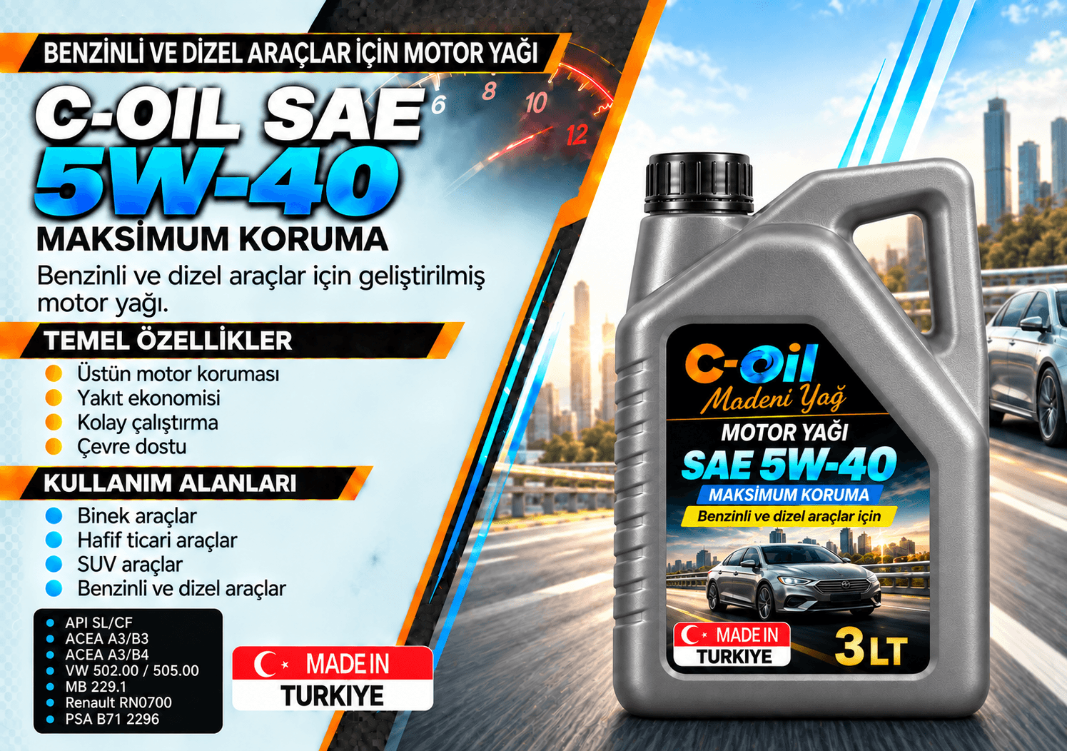 C-Oil 5W-40 benzinli ve dizel motor yağı 4 L