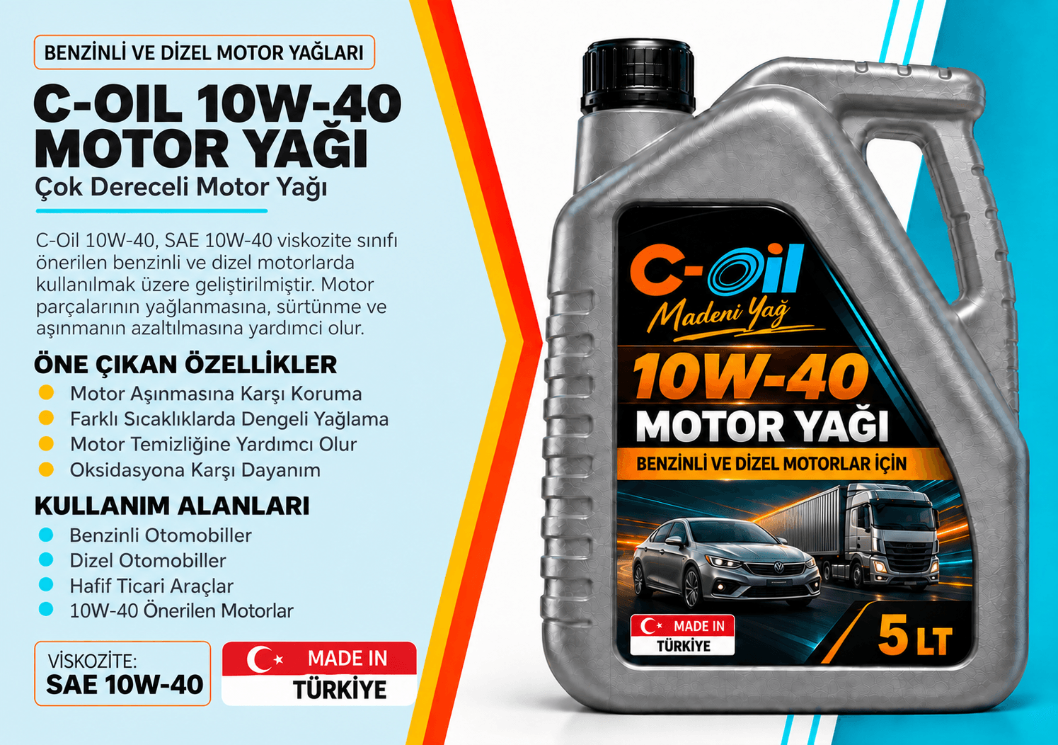 C-Oil 10W-40 motor yağı bidonları, dört farklı ambalaj boyutu