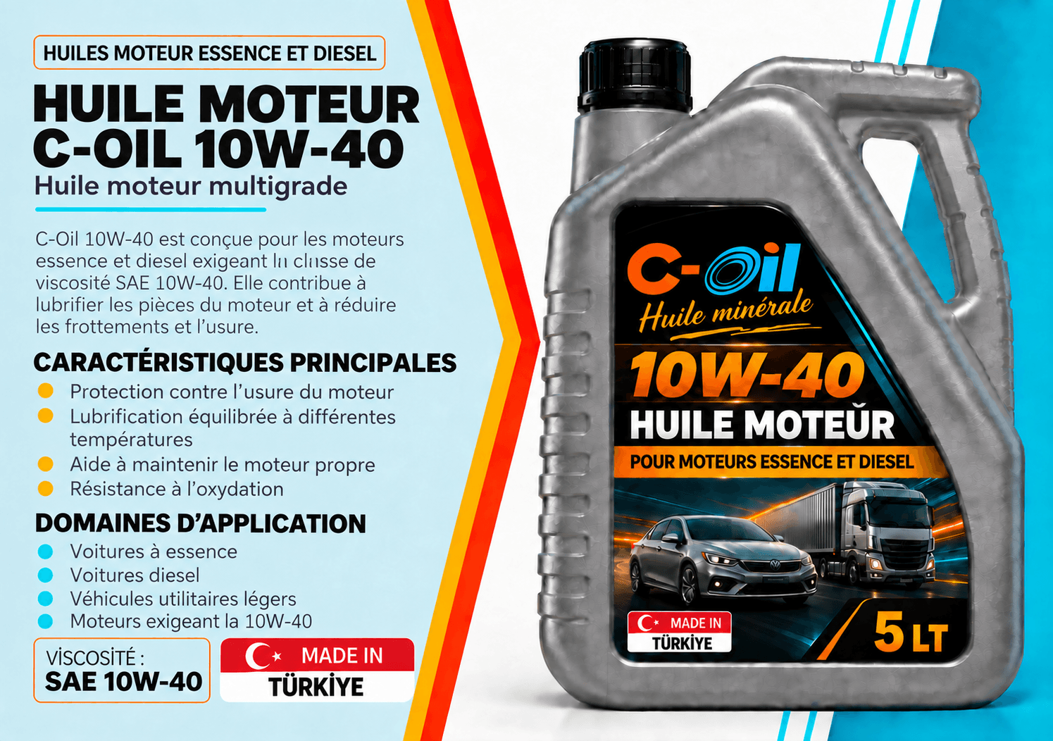 Bidons d'huile moteur C-Oil 10W-40 en quatre conditionnements