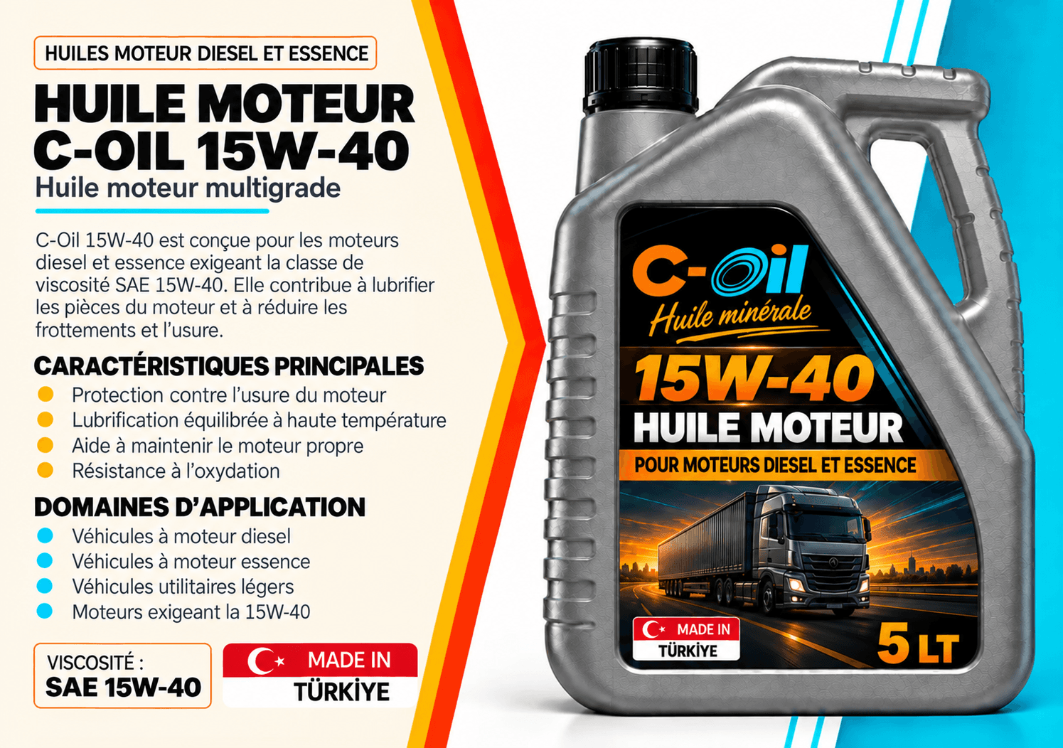 Bidons d'huile moteur C-Oil 15W-40 en quatre conditionnements