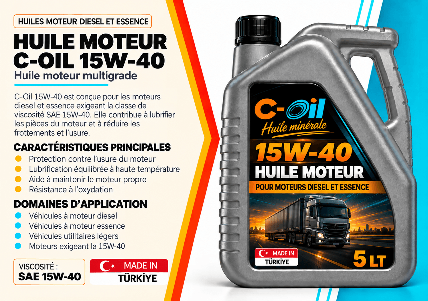 Bidons d'huile moteur C-Oil 15W-40 en quatre conditionnements