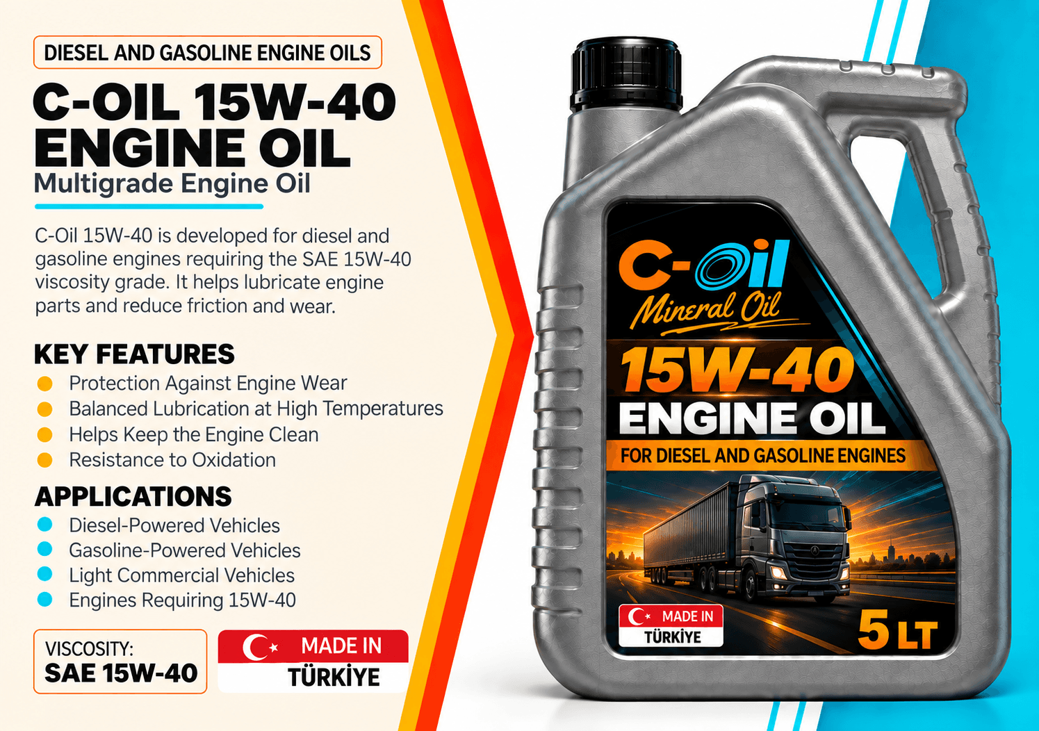 C-Oil 15W-40 engine oil containers in four pack sizes