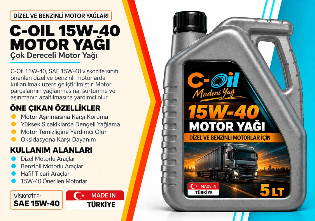 C-Oil 15W-40 motor yağı bidonları, dört farklı ambalaj boyutu