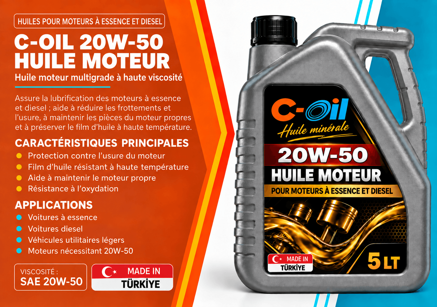 Bidons d'huile moteur C-Oil 20W-50 en quatre conditionnements