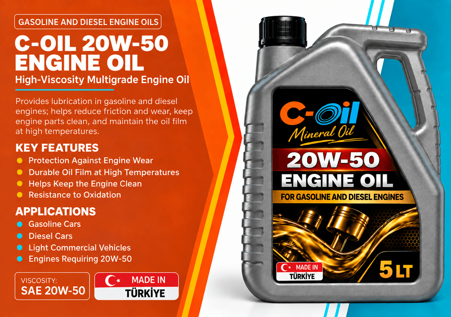C-Oil 20W-50 engine oil containers in four pack sizes
