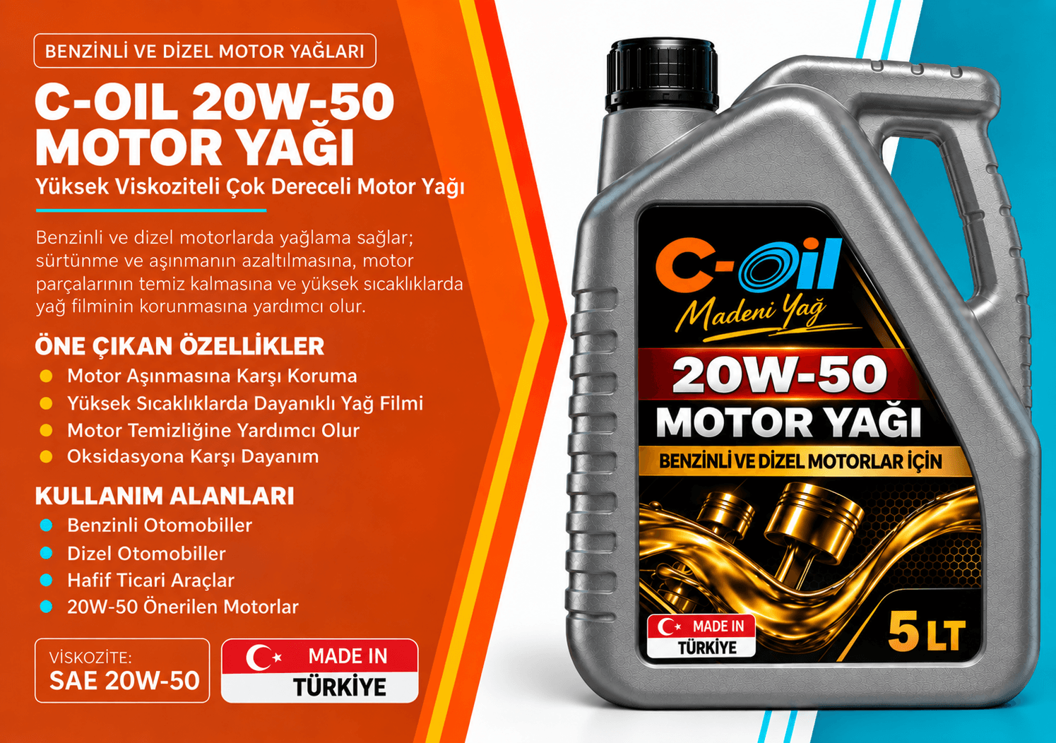 C-Oil 20W-50 motor yağı bidonları, dört farklı ambalaj boyutu