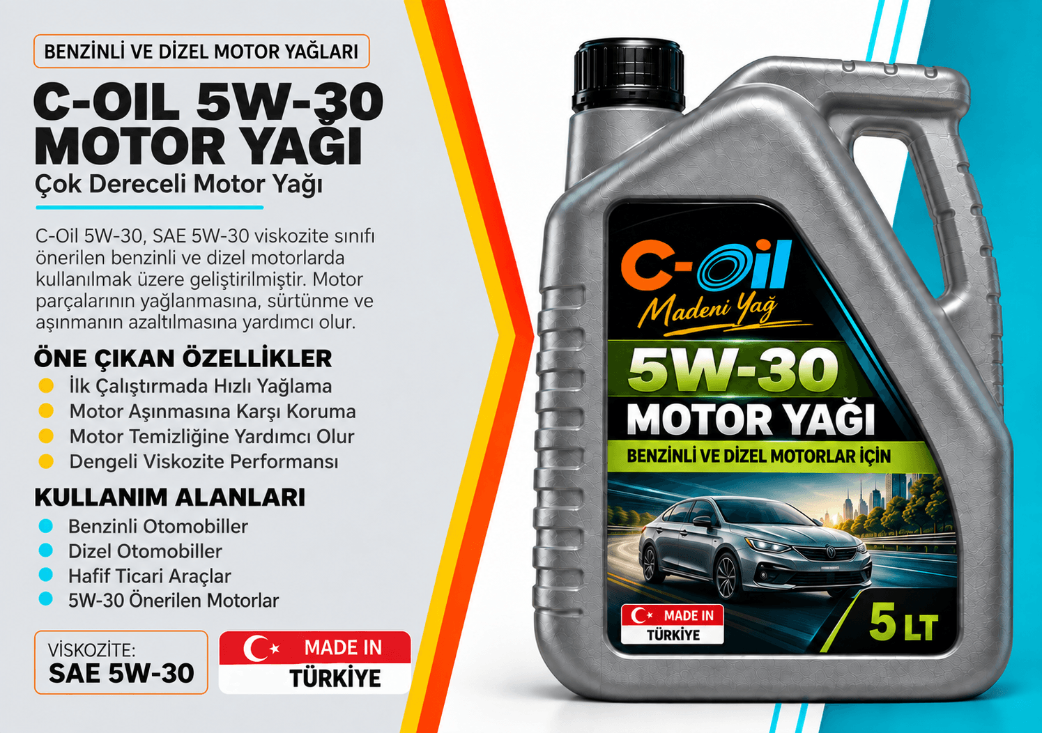 C-Oil 5W-30 motor yağı bidonları, dört farklı ambalaj boyutu