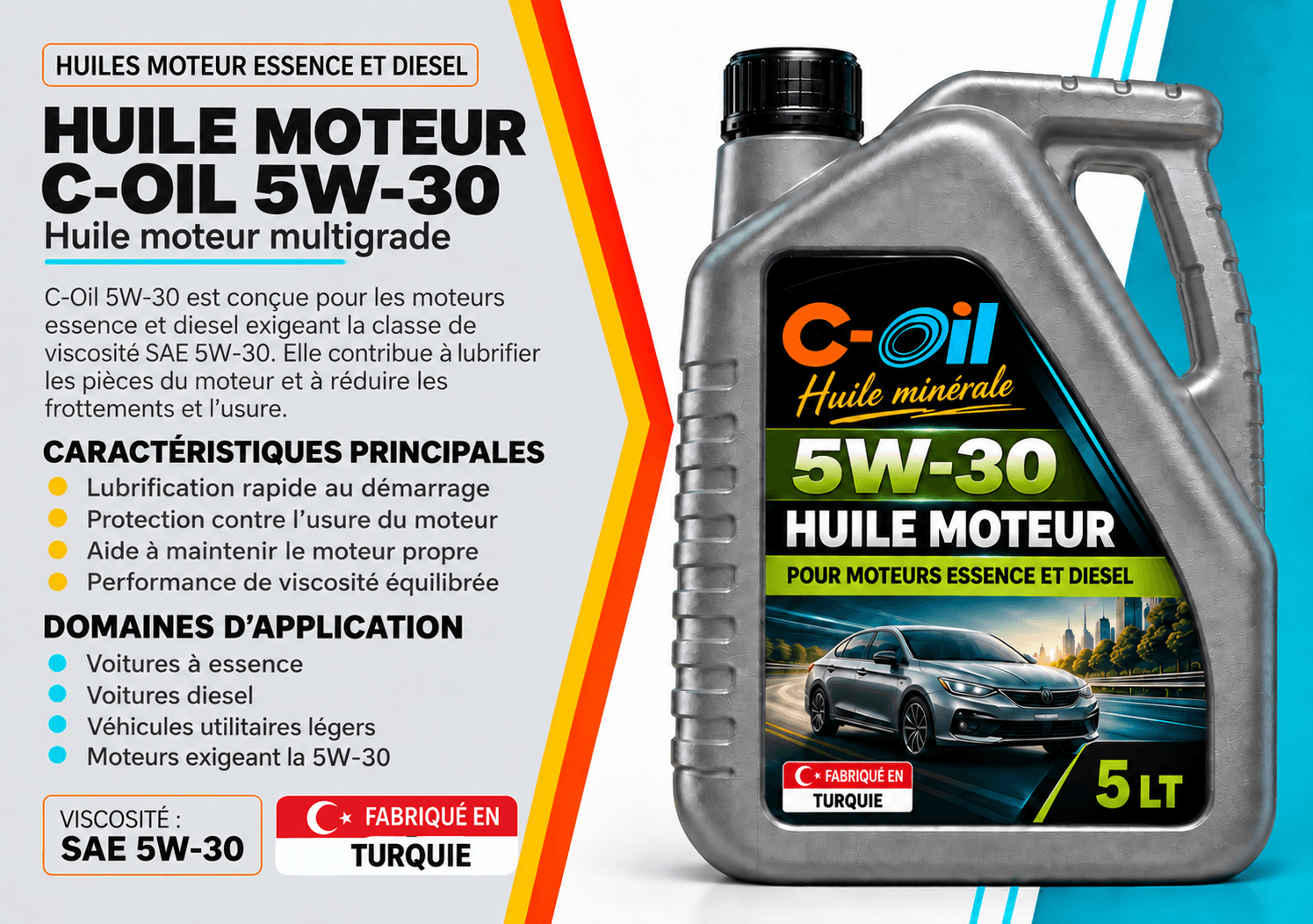 Bidons d'huile moteur C-Oil 5W-30 en quatre conditionnements