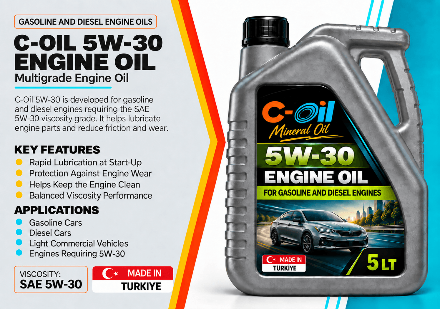 C-Oil 5W-30 engine oil containers in four pack sizes