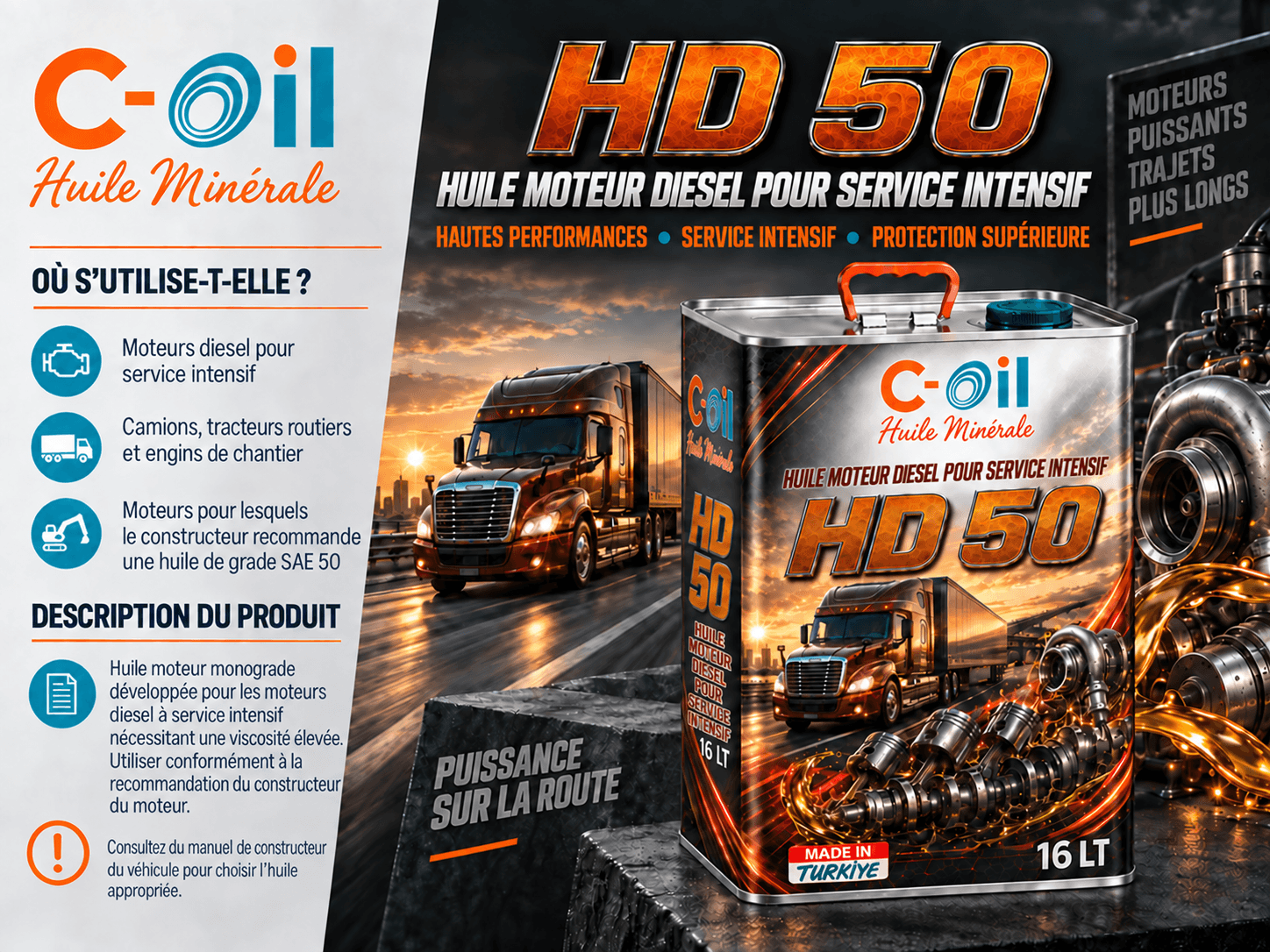 Huile diesel monograde C-Oil HD 50 pour service intensif 16 L