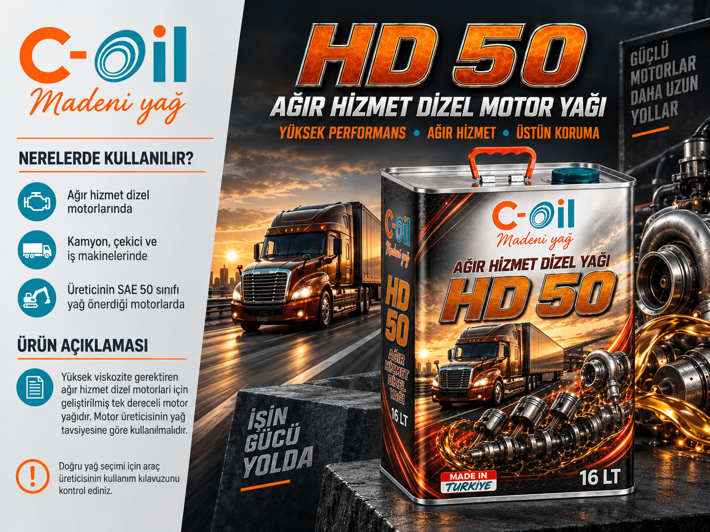 C-Oil HD 50 tek dereceli ağır hizmet dizel yağı 16 L