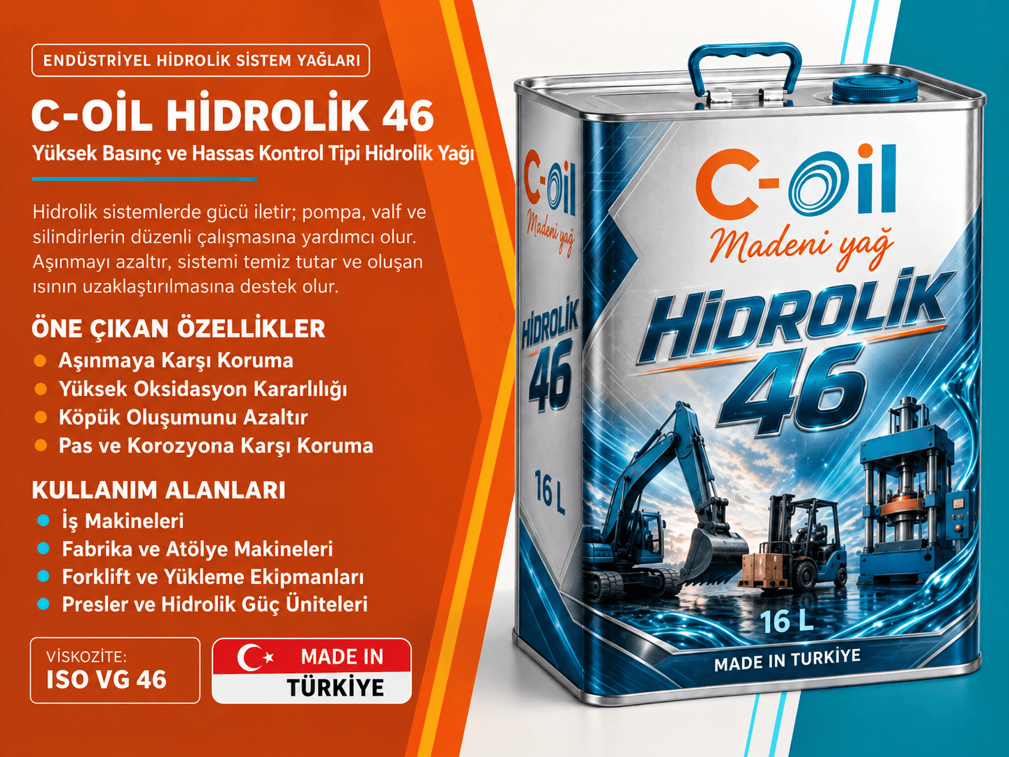 C-Oil Hidrolik 46 ISO VG 46 hidrolik sistem yağı 16 L