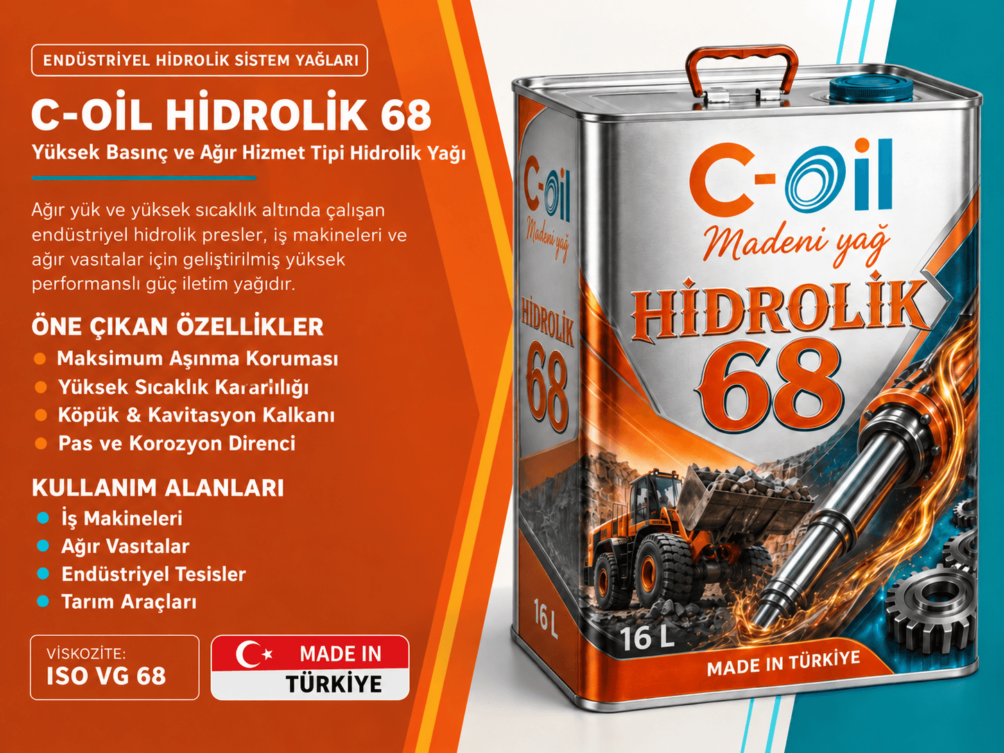 C-Oil Hidrolik 68 ISO VG 68 ağır hizmet hidrolik sistem yağı 16 L
