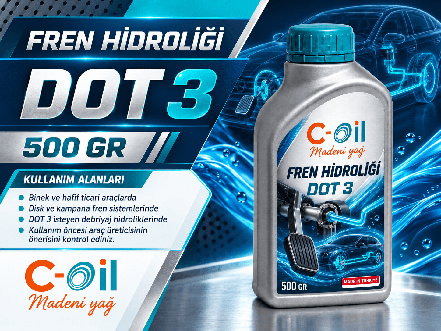 C-Oil DOT 3 fren hidroliği ambalajı, 500 gr